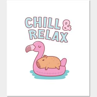 Chill & Relax Cute Capybara On Flamingo Pool Float Posters and Art